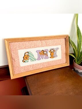 AMY Garfield Vintage Cross Stitch Embroidery Wood Framed Name Wall Hanging Art
